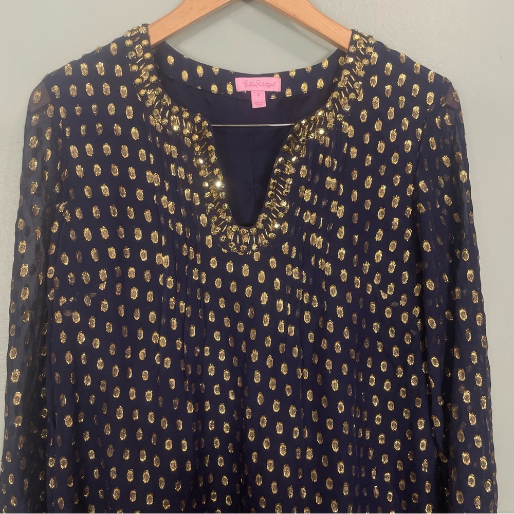 Lilly Pulitzer Crinkle Clip Silk Jacquard Gold Metallic Dress Mini Navy Sz 8 - Picture 3 of 11